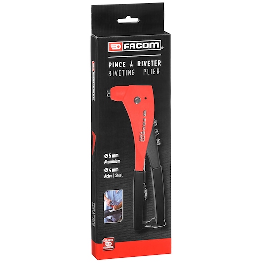 Photo of Facom Y_103CPB riveting plier in black and red packaging, front angle, for aluminum and steel rivets.