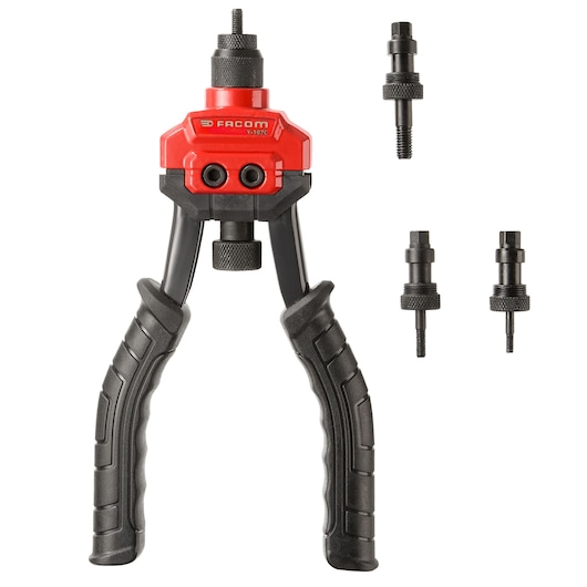 Facom Y_107CPB rivet tool with ergonomic handles and three interchangeable black mandrels, front angle.