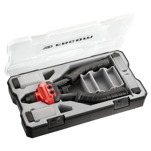 Facom Y_107CPB rivet tool kit in black and red, displayed in molded plastic case, top view.
