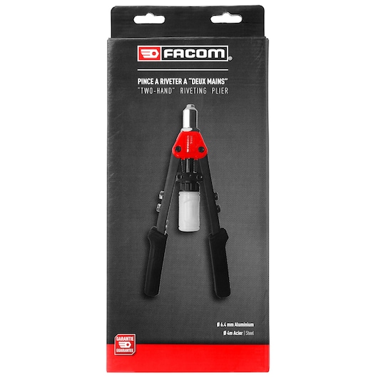 Facom Y_116CPB two-hand riveting plier in black and red, packaged, front view.