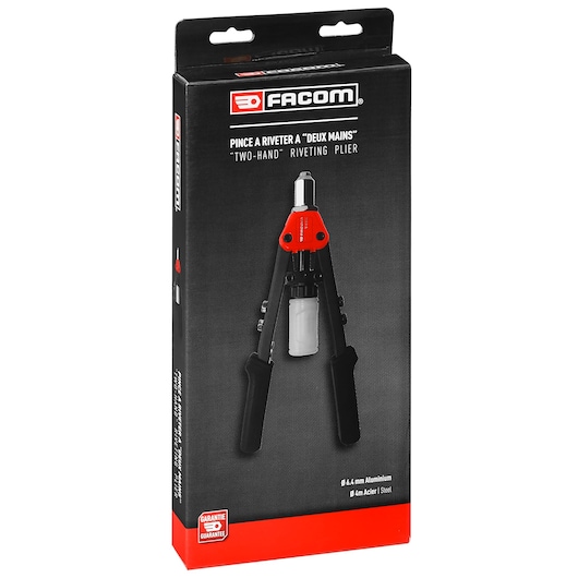 Facom Y_116CPB two-hand riveting plier packaging, black and red box, front angle.