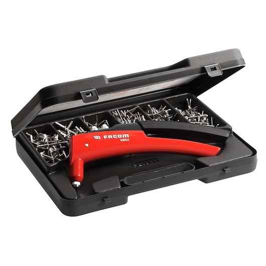 Facom Y_RIV1 rivet tool set with red hand riveter and metal rivets in black plastic case, angled view.